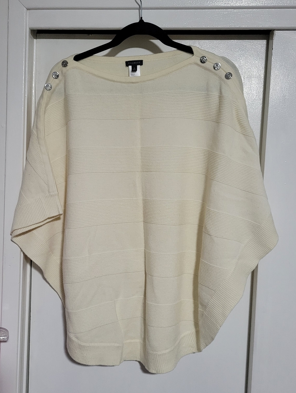 Talbots Wool Blend Cream Button-Shoulder Knit Poncho Sweater